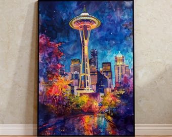 Seattle Watercolor Poster, Space Needle Wall Art, Modern Architecture Print