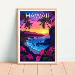 Może przedstawiać: Ramka z plakatem przedstawiającym kolorowy zach&oacute;d słońca nad plażą na Hawajach. Plakat przedstawia palmy, skaliste wybrzeże i napis "HAWAII" białymi literami.
