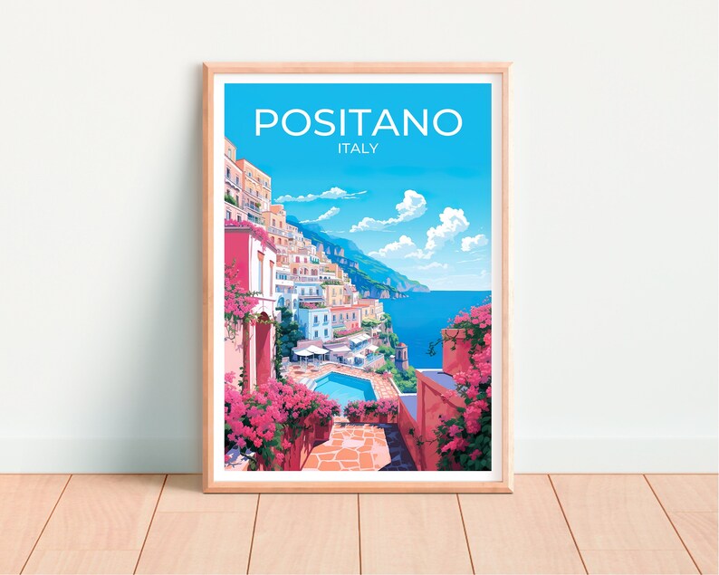 Może przedstawiać: Kolorowa ilustracja Positano we Włoszech, z widokiem na kolorowe budynki miasta, basen i Morze Śr&oacute;dziemne. Tekst "POSITANO ITALIA" znajduje się w g&oacute;rnej części obrazu.
