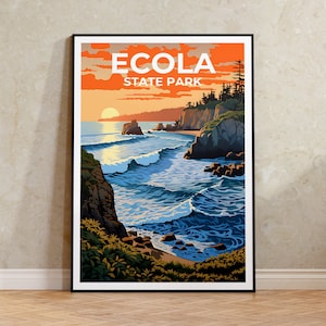 Póster de viaje del Parque Estatal de Ecola, Arte mural de Oregón, Impresión de Oregón, Póster del Parque Estatal de Ecola, Póster de Oregón, Póster de naturaleza
