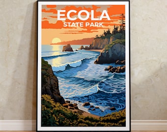 May include: A vintage-style poster with a scenic view of Ecola State Park. The poster features a vibrant orange sunset over the ocean with rocky cliffs and crashing waves. The text "Ecola State Park" is printed in white letters on a red background.
