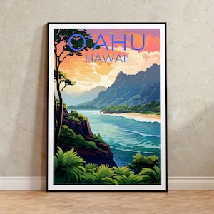 Póster de viaje de Oahu, arte mural de Hawái, impresión de Hawái, póster de Oahu, póster de Oahu, póster de Hawái, impresión de Oahu