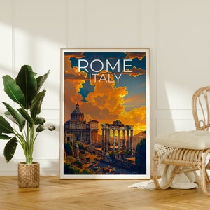 May include: A vintage travel poster with a sunset view of the Roman Forum in Rome, Italy. The poster features the text "ROME ITALY" in white letters.