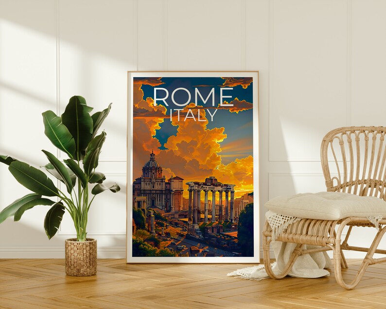 May include: A vintage travel poster with a sunset view of the Roman Forum in Rome, Italy. The poster features the text "ROME ITALY" in white letters.