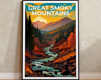 May include: A vintage travel poster featuring a scenic view of the Great Smoky Mountains. The poster depicts a winding river flowing through a lush forest with a mountain range in the background. The sky is a vibrant orange and yellow, suggesting a sunset.