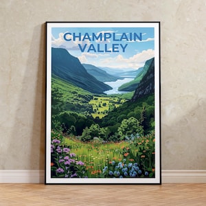Champlain Valley Reise Poster, Vermont Poster, New York Druck, Berg Illustration, Wald Poster, Wohnkultur, Geburtstag Geschenk