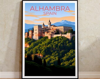May include: A vintage travel poster featuring a colorful illustration of the Alhambra palace in Granada, Spain. The poster has the text "ALHAMBRA SPAIN" in red and white.