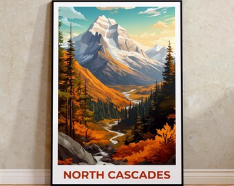 May include: A framed art print featuring a mountain landscape with a river winding through a valley. The artwork showcases a snow-capped mountain, orange and green trees, and the text "NORTH CASCADES" in a red font at the bottom.