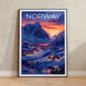 Cartaz de viagem da Noruega, arte de parede de inverno, impressão da Europa, pôster da Noruega, pôster da Europa, pôster da natureza, impressão da Noruega