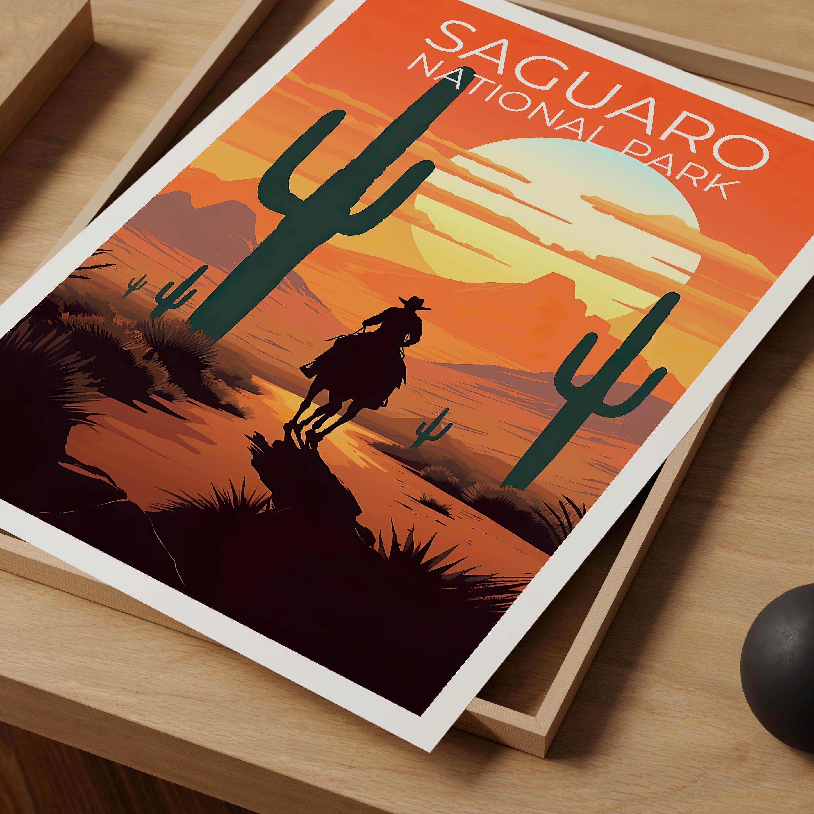 サワロ国立公園の旅行プリント、アリゾナのポスター、カウボーイアート