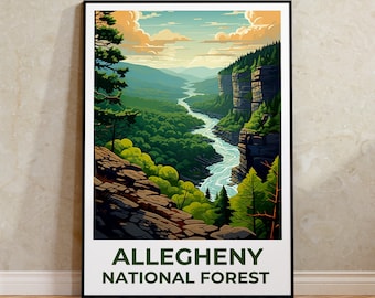 Puede incluir: Un póster de estilo vintage con una vista panorámica de un río serpenteando a través de un valle verde exuberante. El póster presenta una cordillera en el fondo y el texto "ALLEGHENY NATIONAL FOREST".
