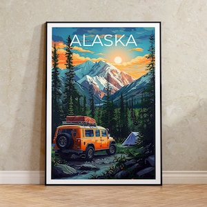 Póster de viaje de Alaska, impresión de Alaska, póster de montaña, arte de la naturaleza de Alaska, arte del Parque Nacional Denali de Alaska, regalo de cumpleaños