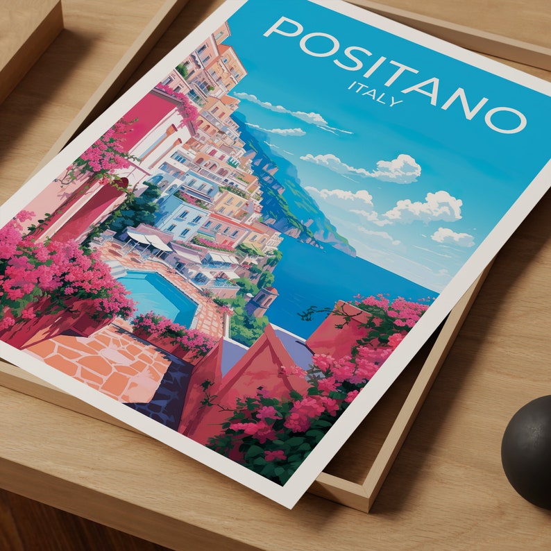 Plakat Positano, Sztuka ścienna Positano, Wydruk z Włoch, Plakat z podróży do Positano, Plakat z Wybrzeża Amalfi, Plakat z Włoch, Sztuka plakatu, Dekoracja ścienna zdjęcie 5