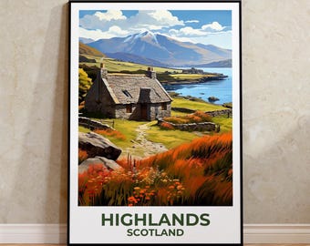 Schottische Highlands Reise-Druck, Schottland Poster, Großbritannien Wandkunst, Landschaft Illustration, Scottish Highlands Poster, Wohnkultur