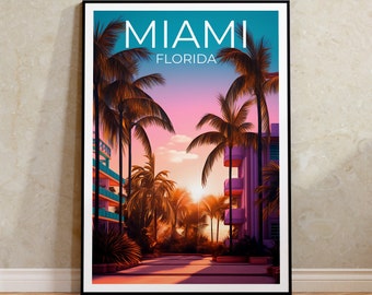 Póster de viaje de Miami, arte mural de Florida, lámina de Florida, póster de Miami, póster de palmeras, póster de ciudad, arte de Miami