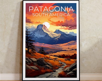 May include: A vintage travel poster featuring a scenic landscape of mountains, a river, and a sunset sky. The text "PATAGONIA SOUTH AMERICA" is printed in white at the top of the poster.