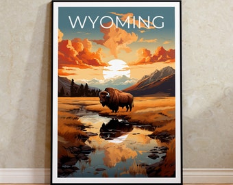 Wyoming Poster, Bison Print, Bison Art, Bison Print, Wyoming Travel Poster, Mountain Poster, Wyoming Gift