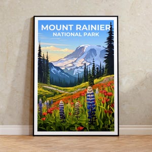 Póster de viaje del monte Rainier, arte mural del estado de Washington, impresión de montaña, póster del monte Rainier, póster del parque nacional