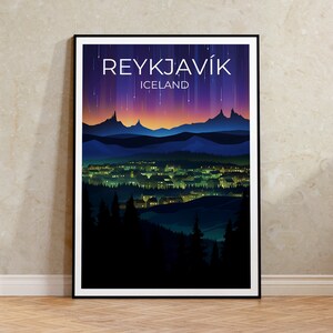 May include: A poster featuring a stylised illustration of a city skyline at night with a purple and orange sky. The text "REYKJAV&Iacute;K" and "ICELAND" is at the top of the poster.