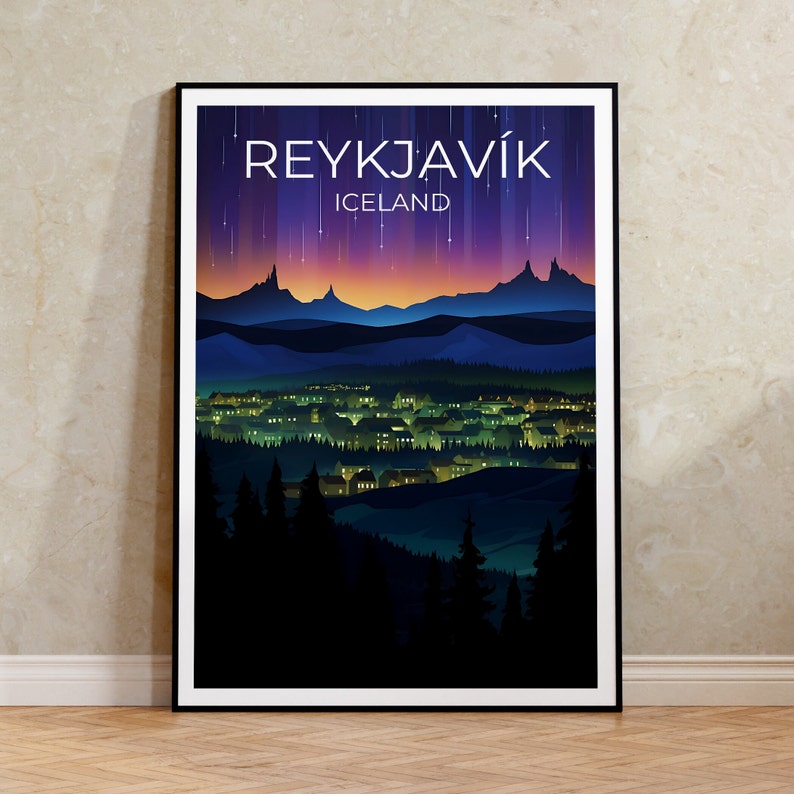May include: A poster featuring a stylised illustration of a city skyline at night with a purple and orange sky. The text "REYKJAV&Iacute;K" and "ICELAND" is at the top of the poster.