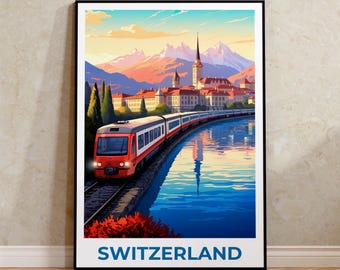 Lucerne Switzerland Travel Poster: Swiss Alps Train Art