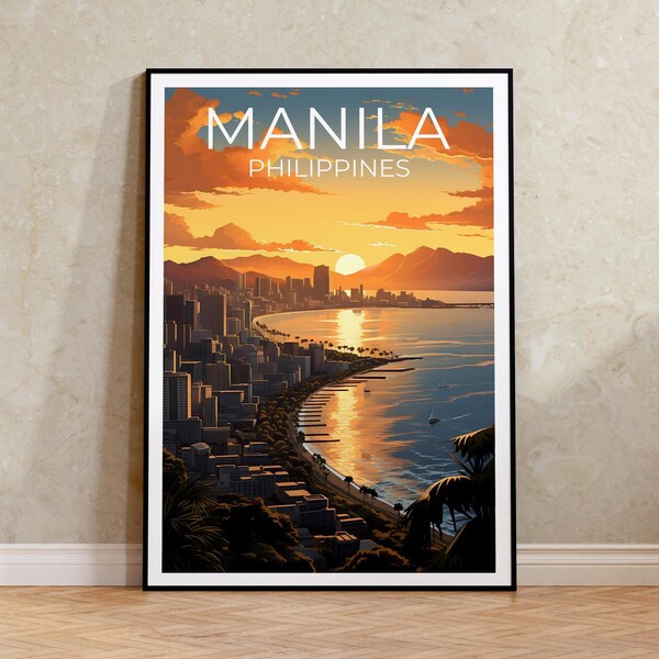 May include: Framed art print featuring a coastal cityscape at sunset. The image displays the word "MANILA" above "PHILIPPINES" in white. The scene includes a bay, buildings, mountains, and a vibrant orange and yellow sky.