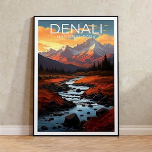 Poster di viaggio Denali, arte murale Alaska, stampa Alaska, poster Denali, poster Alaska, poster di montagna, arte Denali