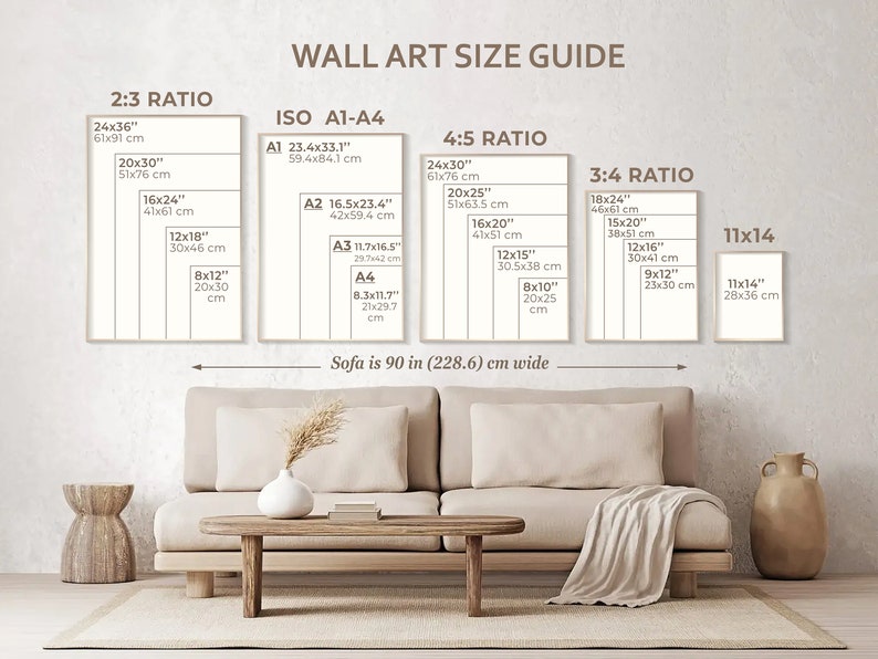 May include: Wall art size guide with various aspect ratios and dimensions in inches and centimeters. Includes 2:3, ISO A1-A4, 4:5, 3:4, and 11x14 ratios. The sofa in the image is 90 inches wide.