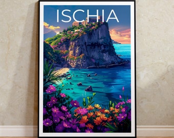 May include: A colorful travel poster with the word "ISCHIA" in white text on a blue background. The poster features a scenic view of a rocky cliff with a small town on top, surrounded by lush green foliage and a turquoise blue sea.