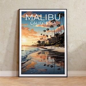 Affiche de voyage à Malibu, art mural en Californie, impression en Californie, affiche de Malibu, affiche en Californie, affiche de la ville, art de Malibu