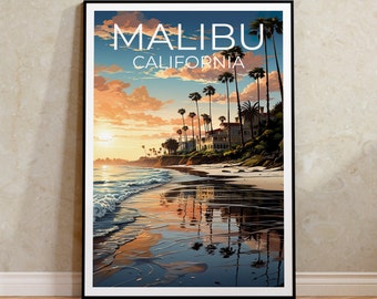 Póster de viaje de Malibú, arte mural de California, impresión de California, póster de Malibú, póster de California, póster de ciudad, arte de Malibú