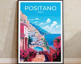May include: A colorful travel poster featuring a scenic view of Positano, Italy. The poster depicts a hillside town with colorful buildings, a swimming pool, and a blue ocean in the background. The text "Positano, Italy" is printed in white at the top of the poster.