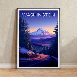 Póster de viaje de Washington, arte mural del estado de Washington, impresión del estado de Washington, póster de Washington, póster del Monte Hood, póster de naturaleza