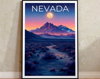 May include: A retro-style travel poster featuring a mountain range under a starry night sky with a full moon. The poster has the word "NEVADA" in white text at the top.