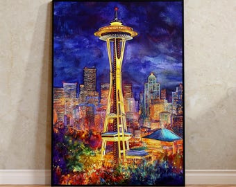 Seattle Space Needle Poster, Washington Travel Art, Watercolor Travel Print