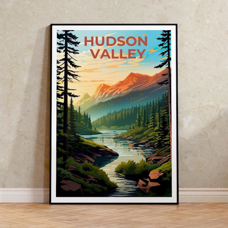 Reseposter från New York, tryck från Hudson Valley, väggkonst i skogen, illustration från New York, landskapsaffisch, heminredning, födelsedagspresent bild 1
