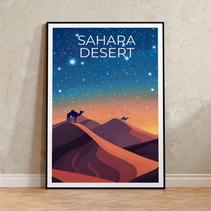 Sahara Reise-Druck, Afrika Poster, Kamel Wandkunst, Sanddünen Illustration, Sahara Wüste Poster, Wohnkultur, Geburtstagsgeschenk
