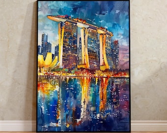 Singapore Skyline Watercolor Poster, Marina Bay Sands Wall Art, Asian City Decor