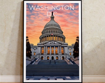 Cartel de viaje de Washington DC, arte de la pared del edificio del Capitolio, impresión del edificio del Capitolio, cartel de Washington DC, cartel de la ciudad
