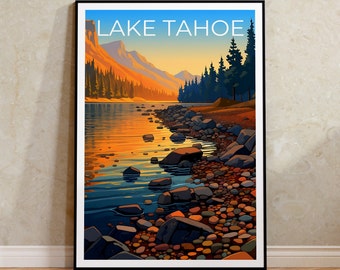 May include: A vintage travel poster with a scenic view of Lake Tahoe. The poster features a mountain range in the background, a lake with a rocky shoreline, and a forest of pine trees. The text "LAKE TAHOE" is printed in white at the top of the poster.