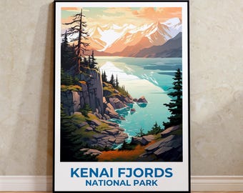 Plakat z Kenai Fjords, wydruk z Alaski, plakat z parku narodowego, wydruk górski, wydruk z Kenai Fjords, plakat z lasu, sztuka Alaski
