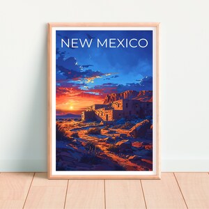 May include: A vintage travel poster featuring a sunset over a desert landscape with a pueblo-style building in the foreground. The poster has the text "NEW MEXICO" in white letters at the top.