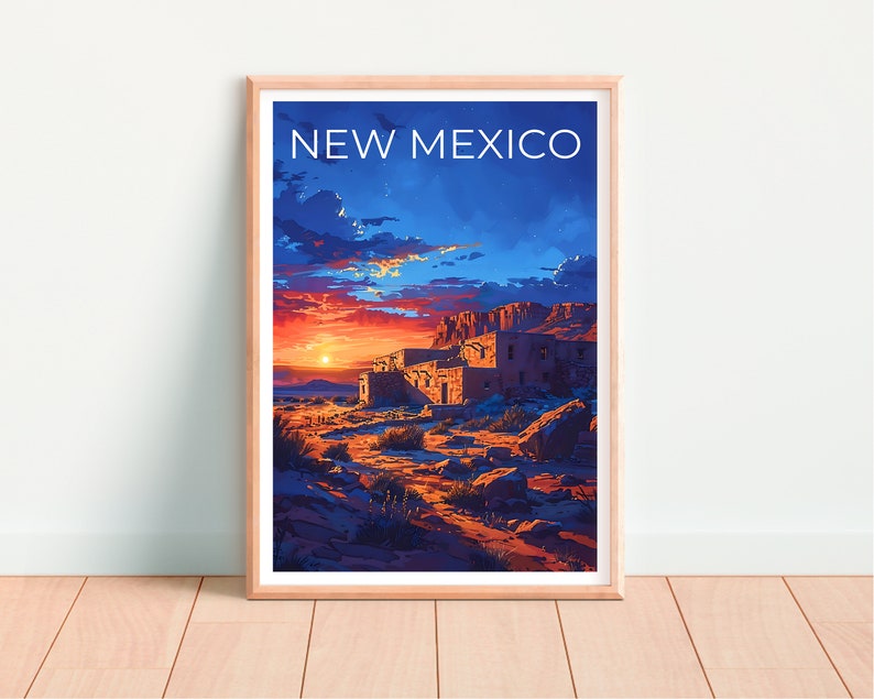 May include: A vintage travel poster featuring a sunset over a desert landscape with a pueblo-style building in the foreground. The poster has the text "NEW MEXICO" in white letters at the top.