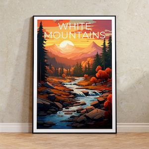 Poster delle White Mountains, stampa delle White Mountains, arte del New Hampshire, stampa del New Hampshire, poster di viaggio delle White Mountains, poster di montagna