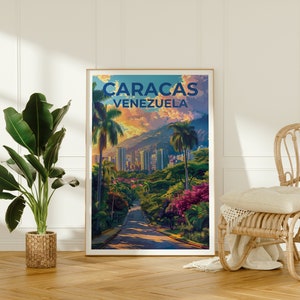 May include: A vintage travel poster with a colorful illustration of Caracas, Venezuela. The poster features a cityscape with palm trees and a road leading up a hill. The text "CARACAS VENEZUELA" is printed in blue at the top of the poster.