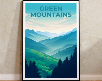 Vermont Travel Poster, Green Mountains Print, Vermont Wall Art, Forest Illustration, Mountain Poster, Home Decor, Birthday Gift