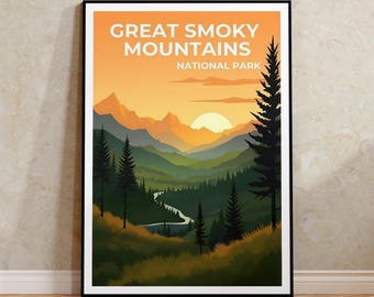 Pode incluir: Um pôster de estilo vintage com uma vista do pôr do sol do Great Smoky Mountains National Park. O pôster apresenta uma silhueta de montanhas, árvores e um rio serpenteando pelo vale. O texto "Great Smoky Mountains National Park" está impresso em branco sobre um fundo laranja.