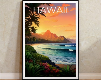 May include: A vintage travel poster featuring a scenic view of a beach in Hawaii. The poster has a sunset sky with orange, pink, and purple hues. The beach is lined with palm trees and a mountain range in the background. The text "HAWAII" is printed in white at the top of the poster.