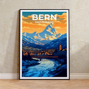 May include: A colorful illustration of Bern, Switzerland, featuring a mountain range, a river, a bridge, and a town with a church steeple. The text "BERN SWITZERLAND" is at the top of the image.