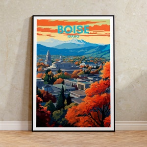 Póster de viaje de Boise, arte mural de Idaho, impresión de Idaho, póster de Boise, arte de Idaho, póster de ciudad, póster artístico, decoración de pared